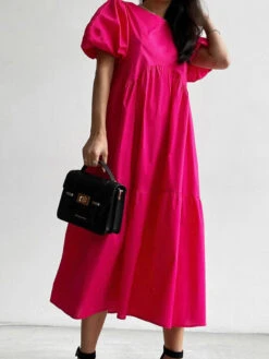 Women's Casual Dress Summer Dress Plain Dress Plain Ruched Crew Neck Puff Sleeve Midi Dress Fashion Modern Outdoor Daily Short Sleeve Regular Fit White Fuchsia Green Summer Spring S M L XL XXL -Slay Clothing Shop 851e5012 db5d 4930 b286 6a8a602dd91c