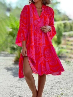 Women's Casual Dress Swing Dress Tiered Dress Floral Geometric Ruffle Print V Neck Midi Dress Fashion Modern Daily Holiday 3/4 Length Sleeve Loose Fit Fuchsia Summer Spring S M L XL XXL