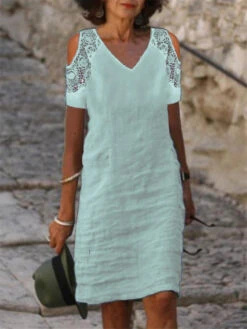 Women's White Dress Lace Dress White Cotton Dress Midi Dress Linen Lace Patchwork Basic Casual Daily V Neck Short Sleeve Summer Spring Black White Pure Color -Slay Clothing Shop 866b8f5d 1680 4fa4 80fa 32e3f43b5593