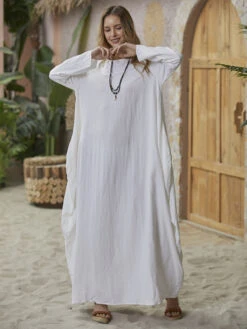 Women‘s Cotton Linen Dress Caftan Dress Shift Dress Long Dress Maxi Dress Green Red Light Blue White Black 3/4 Length Sleeve Pure Color Pocket Spring Summer Fall Boat Neck Basic Casual Loose Fit 2023