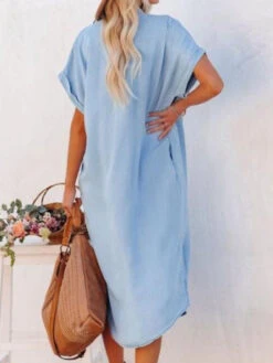 Women's Casual Dress Denim Shirt Dress Midi Dress Denim Fashion Casual Outdoor Daily Vacation Shirt Collar Button Pocket Short Sleeve Summer Spring Fall 2023 Loose Fit Navy Blue Blue Sky Blue Plain S -Slay Clothing Shop 87770959 4228 42cc 8470 dc7dc835bc25