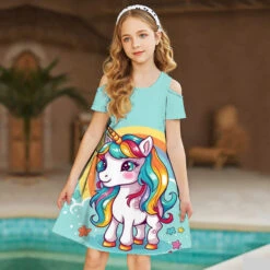 Girls' 3D Graphic Rainbow Unicorn Dress Short Sleeve 3D Print Summer Spring Sports & Outdoor Daily Holiday Cute Casual Sweet Kids 3-12 Years Casual Dress Strap Dress A Line Dress Above Knee Polyester
