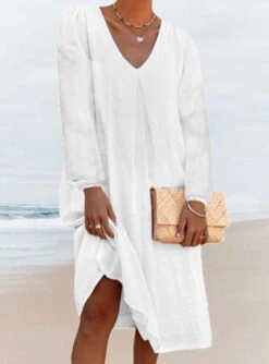 Women's Casual Dress Cotton Linen Dress White Dress Midi Dress Cotton Blend Basic Casual Winter Dress Daily Vacation V Neck Ruched Split Long Sleeve Summer Spring Fall Linen Loose Fit White Pure Color