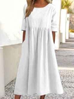 Women's Casual Dress Cotton Dress Swing Dress Midi Dress Cotton Basic Casual Outdoor Daily Crew Neck Pocket Smocked Half Sleeve Summer Spring Fall 2023 Loose Fit Light Blue Black White Pure Color S M -Slay Clothing Shop 89171368 d03c 4eae bf96 09494f70f766