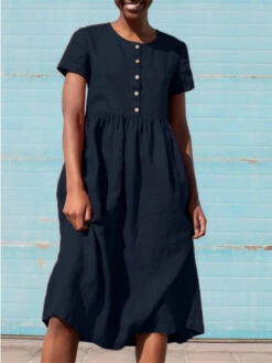 Women's Cotton Linen Dress Casual Dress Midi Dress Cotton Blend Basic Casual Outdoor Daily Crew Neck Ruched Button Short Sleeve Summer Spring 2023 Loose Fit ArmyGreen Navy Blue Orange Pure Color S M -Slay Clothing Shop 894e5f1e ffdd 4296 8f87 d9a18805dc4a