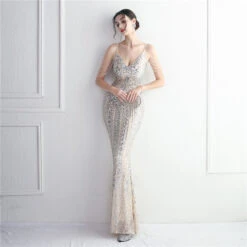 Mermaid / Trumpet Evening Gown Sparkle & Shine Dress Formal Wedding Guest Floor Length Short Sleeve Spaghetti Strap Polyester With Beading Sequin 2024 -Slay Clothing Shop 89d8a63f e560 48cf 9456 222c3a194412