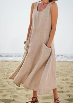 Women's Cotton Linen Casual Midi Shift Dress Sleeveless Pockets Crew Neck Spring Summer Blue Pink Khaki