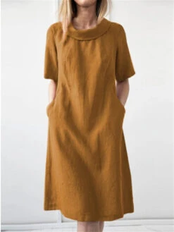 Women's Casual Dress Cotton Summer Dress Midi Dress Linen Side Pockets Baggy Basic Classic Daily Vacation Crew Neck Short Sleeve Summer Spring Yellow Pink Plain -Slay Clothing Shop 8cf636b9 d666 4149 8cee aad35f43107b