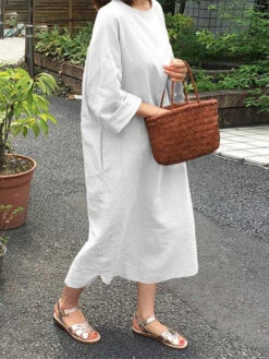 Women's Cotton Linen Dress Casual Dress Midi Dress Cotton Blend Basic Casual Outdoor Daily Crew Neck Pocket 3/4 Length Sleeve Summer Spring 2023 Loose Fit Black White Pink Pure Color S M L XL 2XL -Slay Clothing Shop 8d76a171 a946 48ac 949a 5885850ad7d2