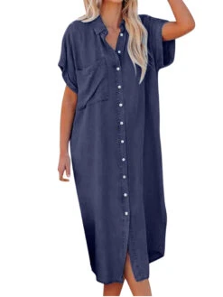 Women's Casual Dress Denim Shirt Dress Midi Dress Denim Fashion Casual Outdoor Daily Vacation Shirt Collar Button Pocket Short Sleeve Summer Spring Fall 2023 Loose Fit Navy Blue Blue Sky Blue Plain S -Slay Clothing Shop 8f3818e3 c593 4a76 8b85 ad07d5221de2
