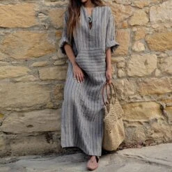 Women's Cotton Linen Maxi Tartan Dress Casual Split Neck Rolled Cuff Long Sleeve Spring Summer