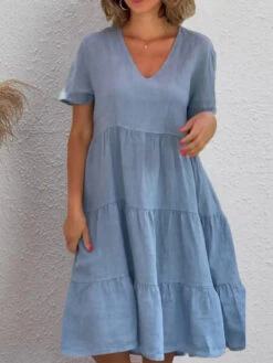 Women's Casual Dress Cotton Linen Dress Swing Dress Midi Dress Linen Cotton Blend Daily Modern Outdoor Daily Holiday V Neck Ruched Ruffle Short Sleeve Summer Spring 2023 Loose Fit Light Blue Rose Red -Slay Clothing Shop 90a972d7 31ec 4a32 81cd 644f8df99d76
