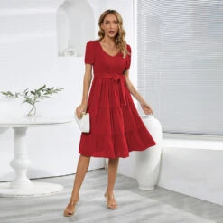 A-Line Cocktail Dresses Elegant Dress Wedding Guest Cocktail Party Knee Length Short Sleeve Jewel Neck Belt / Sash Spandex With Pleats Ruched 2024 -Slay Clothing Shop 90bb0286 c708 4655 92a2 4067b537e638