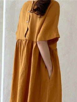 Women's Casual Dress Cotton Linen Dress Tiered Dress Maxi Long Dress Linen / Cotton Blend Daily Casual Outdoor Home Daily Crew Neck Pocket Short Sleeve Summer Spring 2023 Loose Fit Yellow Pink Plain -Slay Clothing Shop 912defd3 a814 475a a202 793edba8a9fd
