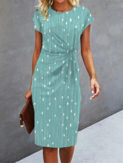Women's Work Dress Sheath Dress Semi Formal Dress Fashion Midi Dress Ruched Print Crew Neck Short Sleeve Polka Dot Stripe Loose Fit Green Summer Spring S M L XL XXL