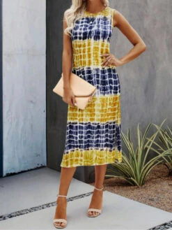 Women's Tank Dress Summer Dress Plaid Tie Dye Print Split Crew Neck Midi Dress Fashion Streetwear Outdoor Daily Sleeveless Regular Fit Yellow Red Blue Summer Spring S M L XL XXL -Slay Clothing Shop 91f65640 2b8b 4464 b57f 4ff1cdc9c453