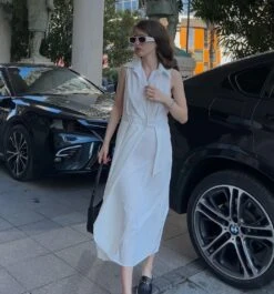 Women's Shirt Dress Cotton Linen Dress Wrap Dress Maxi Long Dress Cotton Blend Fashion Elegant Outdoor Office Business Shirt Collar Button Pocket Sleeveless Summer Spring 2023 Loose Fit White Plain S -Slay Clothing Shop 927cfbf3 7d77 406f 9d5b 06ebb3ac0b43