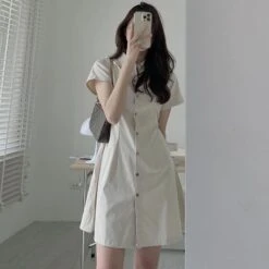 Korean Summer Simple Temperament Lapel Single-breasted Button Waist Slimming Short-sleeved Shirt-style Petite Dress -Slay Clothing Shop 9393c03a 10c2 49fe af54 0e42a4dec57b