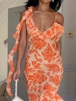 Women's Prom Dress Party Dress Wedding Guest Dress Long Dress Maxi Dress Blue Orange Sleeveless Floral Ruffle Summer Spring Fall Spaghetti Strap Fashion Evening Party Wedding Guest Vacation 2023 S M -Slay Clothing Shop 9420a2f8 b6ad 4a70 a225 1f7d94cb2ca4