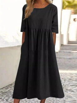Women's Casual Dress Cotton Dress Swing Dress Midi Dress Cotton Basic Casual Outdoor Daily Crew Neck Pocket Smocked Half Sleeve Summer Spring Fall 2023 Loose Fit Light Blue Black White Pure Color S M -Slay Clothing Shop 946d1a7c 9338 486a a971 7baa79350d4b