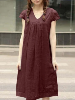 Women's Cotton Linen Dress Casual Dress Midi Dress Cotton Blend Fashion Modern Outdoor Daily Vacation V Neck Ruched Short Sleeve Summer Spring 2023 Loose Fit ArmyGreen Wine Royal Blue Plain S M L XL -Slay Clothing Shop 958999bb 5a64 4f91 9239 b281ea59647d