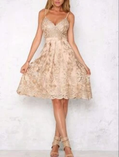 Women's Party Dress Lace Dress Homecoming Dress Cocktail Dress Midi Dress Gold Sleeveless Floral Ruffle Summer Spring Fall V Neck Fashion Evening Party Wedding Guest