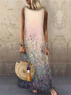 Women's Shift Dress Long Dress Maxi Dress Pink Sleeveless Floral Print Spring Summer Crew Neck Weekend 2023 S M L XL XXL 3XL