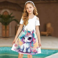 Girls' 3D Graphic Rainbow Unicorn Dress Short Sleeve 3D Print Summer Spring Sports & Outdoor Daily Holiday Cute Casual Sweet Kids 3-12 Years Casual Dress Strap Dress A Line Dress Above Knee Polyester -Slay Clothing Shop 997f1d25 d204 4b24 9b96 9db80f429846