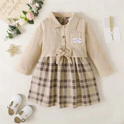 2 Pieces Toddler Girls' Plaid Pocket Dress Set Set Long Sleeve Fashion Outdoor 3-7 Years Summer Khaki -Slay Clothing Shop 9a6a2356 a234 43bf 8d18 5989f4354297