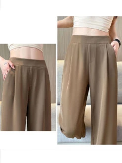 Women's Dress Pants Wide Leg Maillard Trousers Full Length Pocket Baggy Micro-elastic High Waist Fashion Streetwear Work Street Black Blue M L Summer Fall -Slay Clothing Shop 9ae8f71a 8898 4de2 9595 a9da93860478