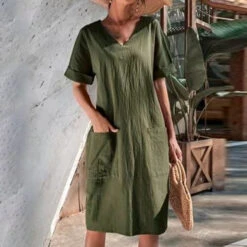 Women's Casual Dress Cotton Linen Dress Midi Dress Linen Cotton Blend Casual Daily Holiday Going Out V Neck Pocket Rolled Cuff Short Sleeve Summer Spring 2023 Loose Fit Black White Wine Pure Color S -Slay Clothing Shop 9b02db12 8fb6 4c7e ad20 3659d046e07c