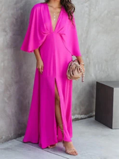 Women's Long Dress Maxi Dress Party Dress Swing Dress Pure Color Fashion Elegant Dress Party Date Vacation Split 3/4 Length Sleeve V Neck Dress Regular Fit Dark Pink Fall XS S M L XL -Slay Clothing Shop 9b281da3 ad1d 47ad 9306 51be37416e72