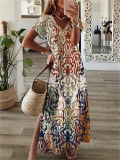 Women's Casual Dress Shift Dress Floral Split Print V Neck Maxi Long Dress Casual Daily Short Sleeve Summer Spring