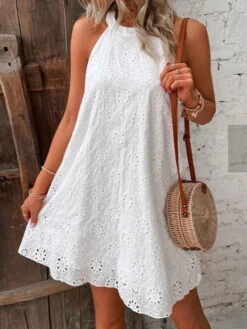 Women's Cut Out Dress White Dress Plain Hollow Out Halter Neck Mini Dress Active Fashion Outdoor Daily Sleeveless Regular Fit White Summer Spring S M L XL XXL -Slay Clothing Shop 9c20a7f5 0a20 4a56 a948 104311615444