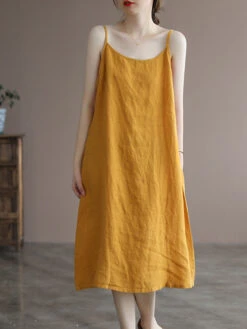 Women's Casual Dress Cotton Linen Dress Midi Dress Cotton Blend Basic Casual Outdoor Daily Spaghetti Strap Backless Sleeveless Summer Spring 2023 Loose Fit White Yellow Green Pure Color M L XL 2XL -Slay Clothing Shop 9c69c1e1 1620 4ab6 8d98 94bd1375b5f4
