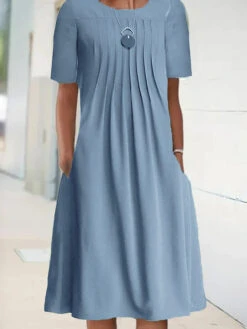 Women's Casual Dress Shift Dress Midi Dress Blue Green Short Sleeve Pure Color Ruched Fall Spring Summer Crew Neck Basic Daily Weekend Loose Fit 2023 S M L XL XXL 3XL 4XL 5XL