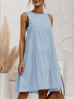 Women's Casual Dress Tiered Dress Tunic Dress Mini Dress Linen Ruched Basic Casual Daily Crew Neck Sleeveless Summer Spring Light Blue ArmyGreen Pure Color