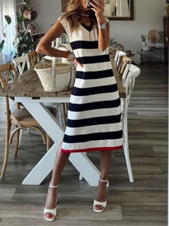 Women's Summer Dress Print Dress Stripe Print Split V Neck Midi Dress Active Fashion Outdoor Street Short Sleeve Regular Fit Black Summer Spring S M L XL