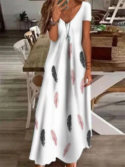 Women's Casual Dress Shift Dress Long Dress Maxi Dress White Green Gray Short Sleeve Floral Pocket Summer Spring V Neck Vacation 2023 S M L XL XXL 3XL