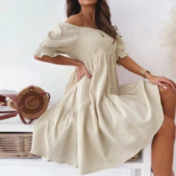 Women's Casual Dress Swing Dress White Dress Mini Dress Black White Beige Short Sleeve Pure Color Ruched Summer Spring Off Shoulder Elegant 2023 S M L XL -Slay Clothing Shop 9ecde4df 6160 4ae5 bc2f 6d9d952f9d8d