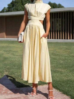 Women's Prom Dress Party Dress Wedding Guest Dress Long Dress Maxi Dress Black Yellow Red Sleeveless Pure Color Pleated Summer Spring Fall Stand Collar Fashion Evening Party Wedding Guest Vacation -Slay Clothing Shop 9f032f7d acf9 4c2f b919 29e53b87f64b