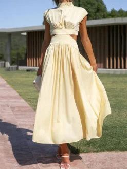 Women's Prom Dress Party Dress Wedding Guest Dress Long Dress Maxi Dress Black Yellow Red Sleeveless Pure Color Pleated Summer Spring Fall Stand Collar Fashion Evening Party Wedding Guest Vacation -Slay Clothing Shop a0670a36 ca8d 4d6c 8388 36d5c0386774