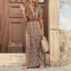 Women's Floral Print Ruffle Belted Surplice Neck Maxi Long Dress Bohemia Classic Daily Short Sleeve Summer Spring