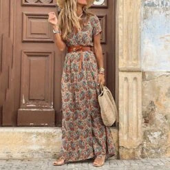 Women's Floral Print Ruffle Belted Surplice Neck Maxi Long Dress Bohemia Classic Daily Short Sleeve Summer Spring
