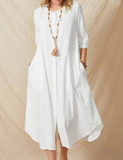 Women's Casual Dress Cotton Linen Dress Shift Dress Midi Dress White 3/4 Length Sleeve Pure Color Pocket Summer Spring Crew Neck Chic & Modern Vacation Loose Fit Retro S M L XL XXL 3XL -Slay Clothing Shop a155c724 37cb 4f83 ba26 69991a366e69