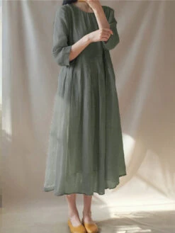 Women's Casual Dress Cotton Linen Dress Swing Dress Midi Dress Cotton Blend Basic Casual Outdoor Daily Vacation Crew Neck Ruched Pocket 3/4 Length Sleeve Summer Spring 2023 Loose Fit Yellow Gray Plain -Slay Clothing Shop a1be4136 24e9 4322 ab9f 19eafd99bc95