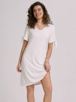 Women's White Dress Knee-Length Causal V-Neck Cold Shoulder With Bow Ties Summer Spring 2024 -Slay Clothing Shop a2920030 aa7a 4600 bc18 14fbd85133b0