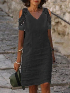 Women's White Dress Lace Dress White Cotton Dress Midi Dress Linen Lace Patchwork Basic Casual Daily V Neck Short Sleeve Summer Spring Black White Pure Color -Slay Clothing Shop a333e451 1fec 4c91 b686 83962e1aa87b