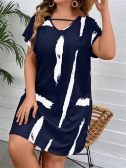 Women‘s Plus Size Curve Casual Dress T Shirt Dress Tee Dress Shift Dress Graphic Midi Dress Short Sleeve Print V Neck Fashion Outdoor Dark Blue Summer Spring L XL XXL 3XL 4XL -Slay Clothing Shop a45f259d d962 492f 8153 4ea6a74c722e