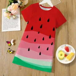 Girls' 3D Graphic Fruit Dress Short Sleeve 3D Print Summer Spring Sports & Outdoor Daily Holiday Cute Casual Sweet Kids 3-12 Years Casual Dress T Shirt Dress Tee Dress A Line Dress Above Knee
